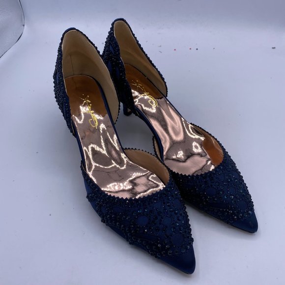 XYD Navy Pointed Toe Low Heel D'Orsay Rhinestone Studs Pump - Picture 4 of 8